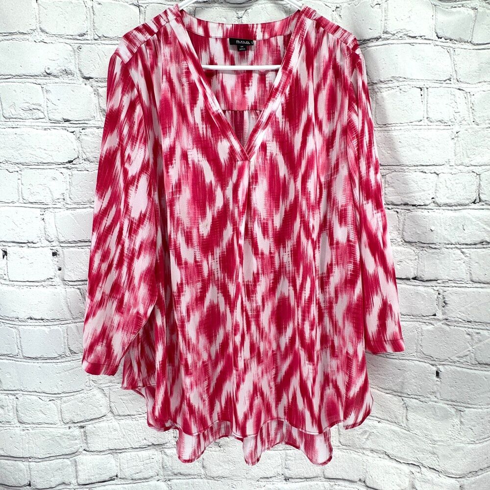 a.n.a. Top Women's 2X Plus Pink White 3/4 Sleeve Lightweight Blouse Popover